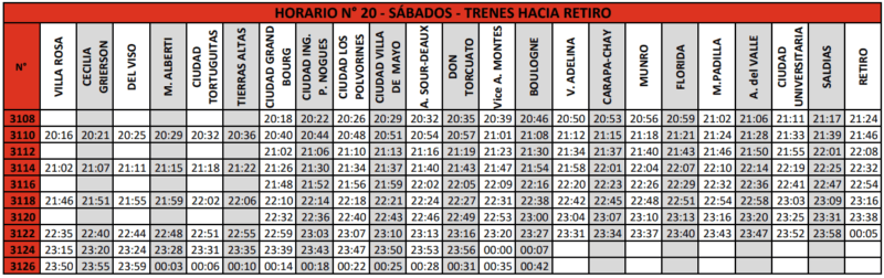 sábados hacia retiro