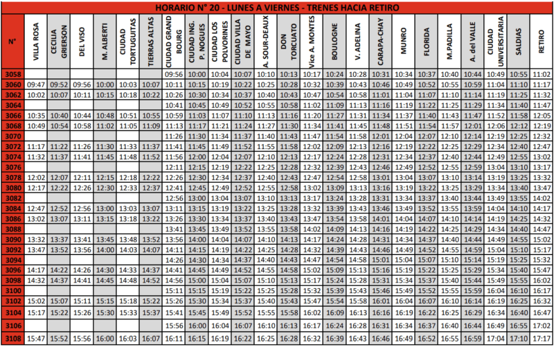 lunes a viernes hacia retiro